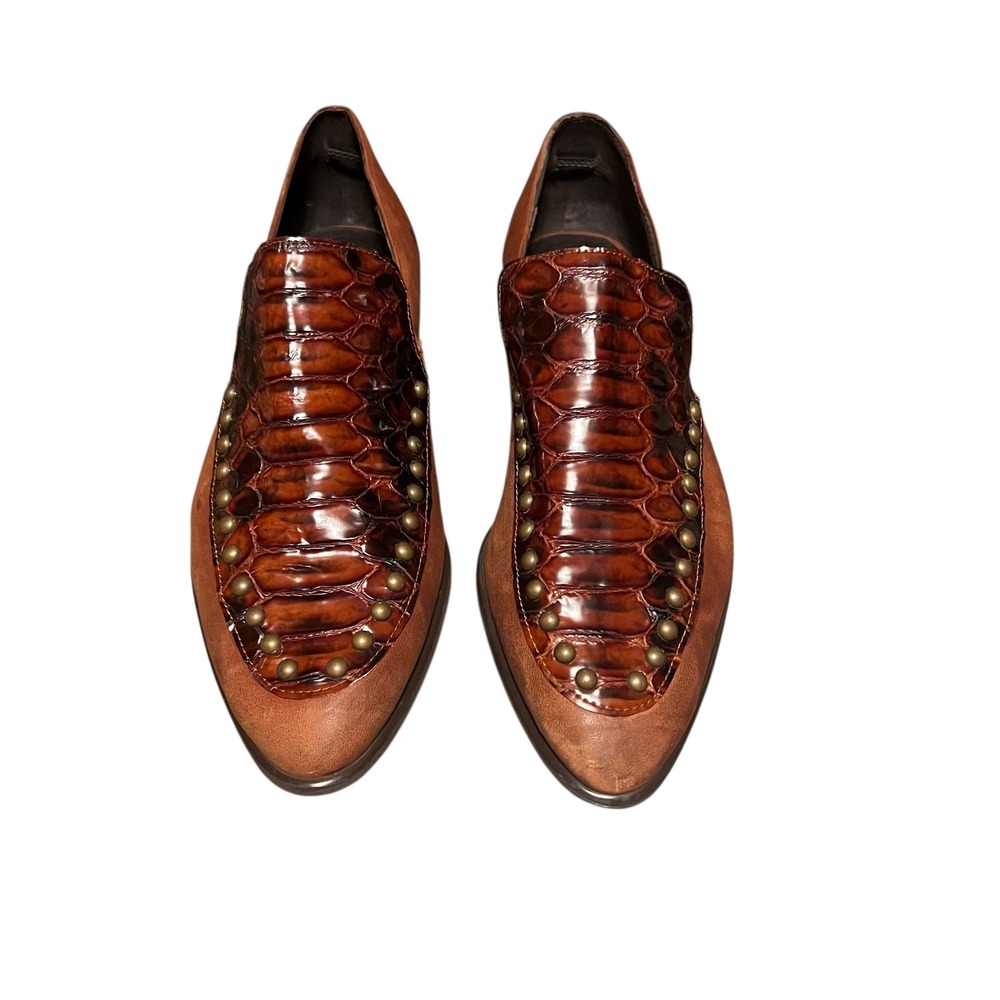 Free‎ People Brown Leather Snake Embossed Studded Loafer Flats Women's Size 39
